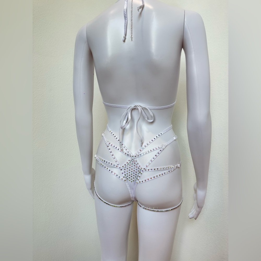 White AB Rhinestone 4 Piece Lingerie Set Bikini XS, D Cup, Festival, Rave, Dance - Picture 13 of 13